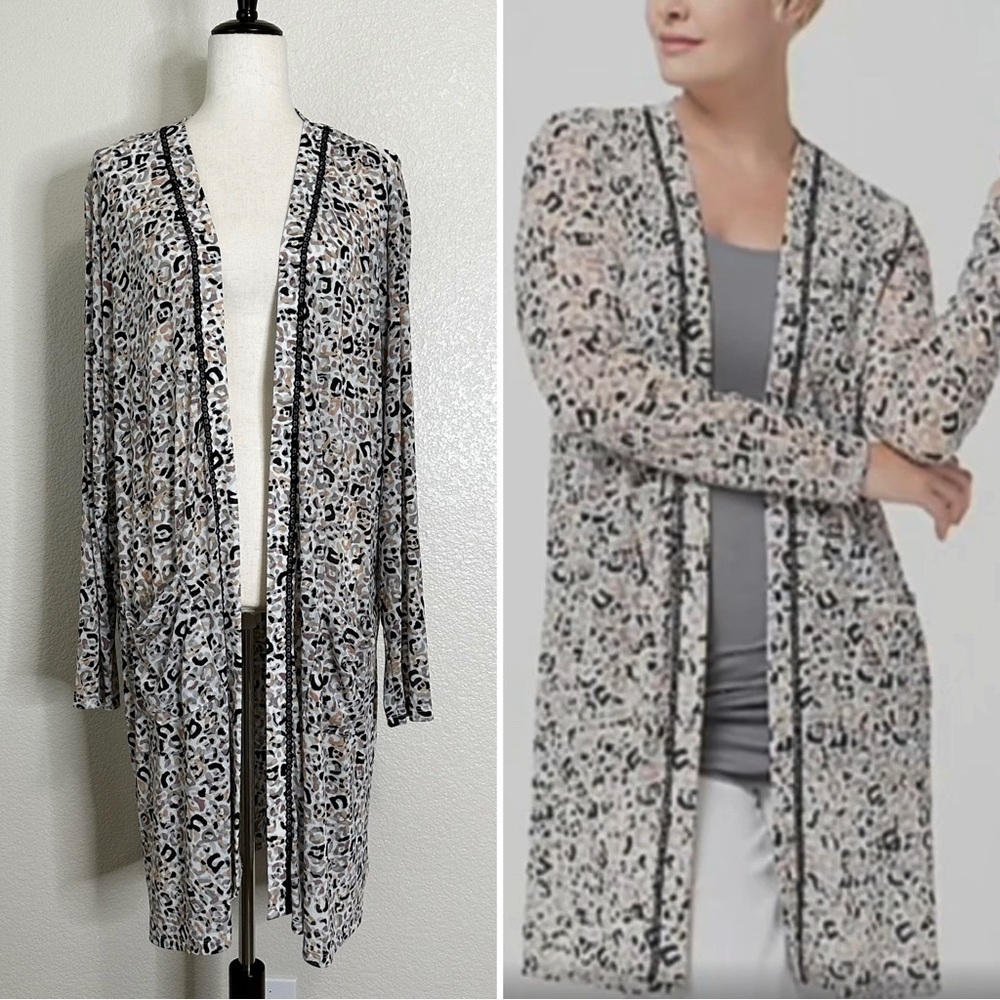 LOGO by Lori Goldstein Animal Print Sheer Mesh Long Sleeves Cardigan, Size XL